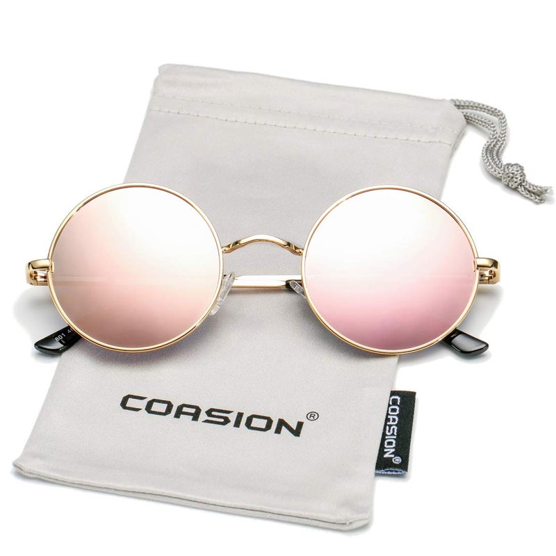 COASION Retro Small Round Polarized Sunglasses for Women Men Circle UV400 Sun Glasses (Gold Frame/Pink Mirror Lens) - Image 3